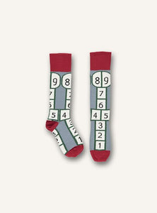 UBANG hopscotch socks in grey, red and white. 